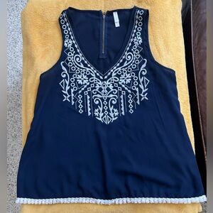Xhilaration Navy Blue Embroidered Sleeveless Top size Large